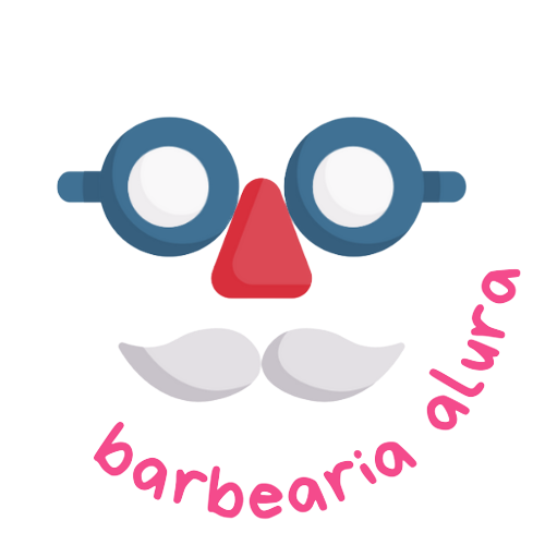 Início da transcrição. Logo da Barbearia em que há na parte superior o título em coloração preta 'Barbearia Alura'. Abaixo do título, há uma ilustração na cor preta de um bigode, uma boca e uma barba; cortando a parte lateral direita da barba, há uma tesoura.